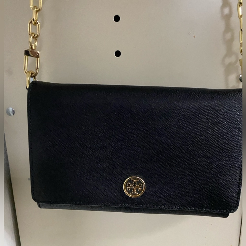 Tory Burch Black Saffiano Crossbody with Gold Logo Chain